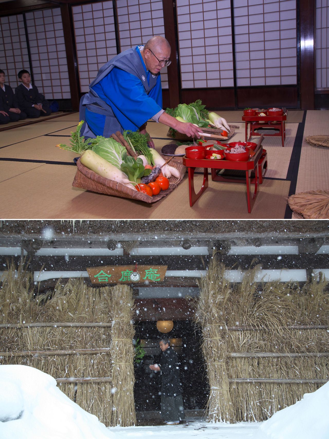 Aenokoto takes place on December 5 and February 9 at the Yanagida Botanical Park in the town of Noto. The old farmhouse on the site was damaged in the January 2024 Noto Earthquake. After a two-year hiatus, the ceremony is set to resume in 2026. (© Shimozato Kazurō/Haga Library)