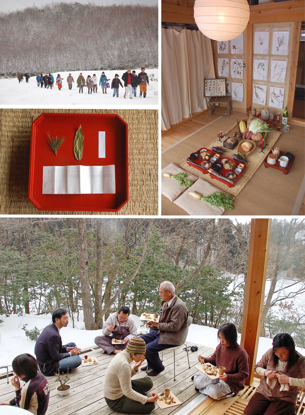 A group welcomes the deity in front of Maruyama hill, presenting a list of the living creatures monitored during the past year to represent the divine spirit. Offerings later enjoyed by the group included bread made from rice flour. (Courtesy Maruyama-gumi)