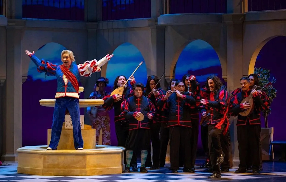 John Tessier (Count Almaviva) and chorus in Calgary Opera’s The Barber of Seville. Photos, William Hosier