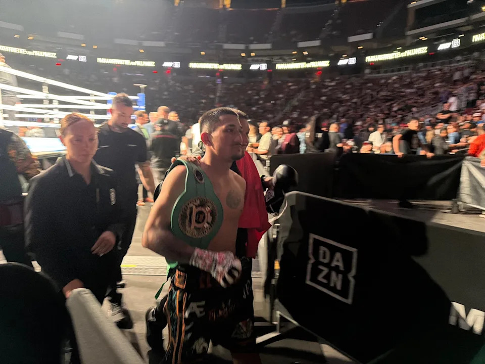 Jordan Martinez of Phoenix walks out of the ring after his draw with Arturo Cardenas at Matchroom Boxing in Glendale on Feb. 28, 2026.