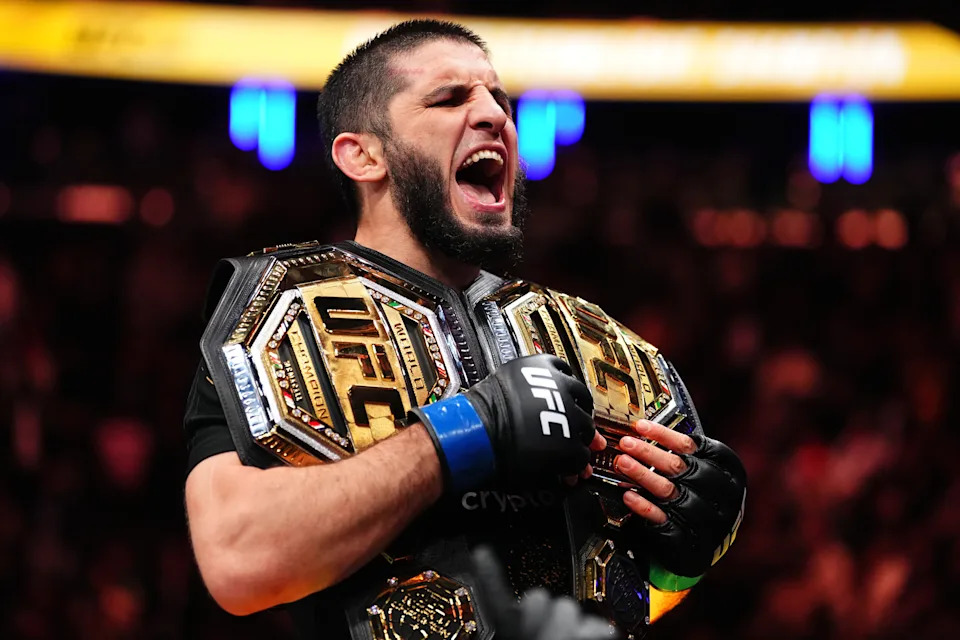 NEW YORK, NEW YORK - NOVEMBER 15: Islam Makhachev of Russia reacts to his win over Jack Della Maddalena of Australia in the UFC welterweight championship fight during the UFC 322 event at Madison Square Garden on November 15, 2025 in New York City. (Photo by Jeff Bottari/Zuffa LLC)