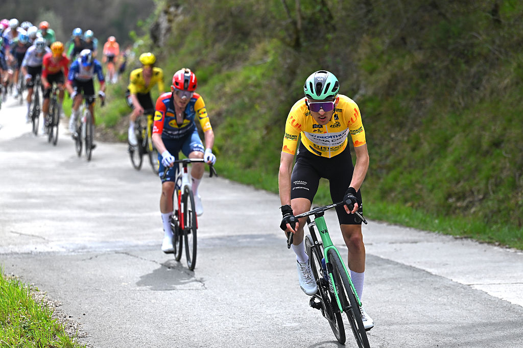 Paul Seixas (Decathlon CMA CGM) attacks in the breakaway on stage 2 at the Itzulia Basque Country while wearing the yellow leader's jersey