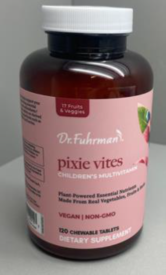 A bottle of Dr. Fuhrman Pixie Vites Children's Multivitamin.