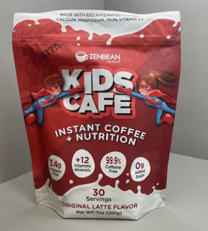 Packaging for Zenbean "Kids Cafe Instant Coffee + Nutrition" with two superhero cartoon children and claims of added vitamins and minerals.