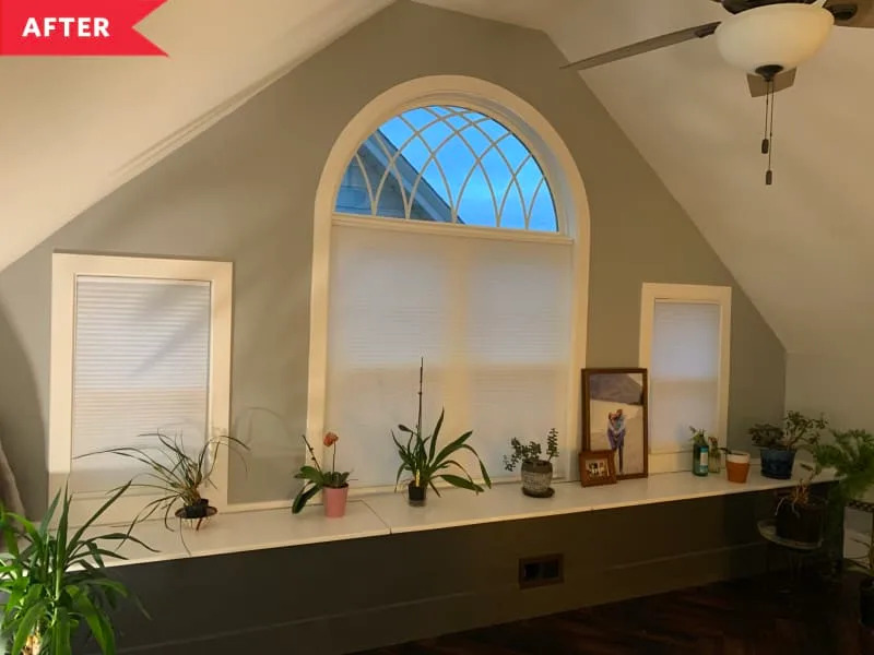 After: Large half-round window with two rectangular windows on either wide and bench below