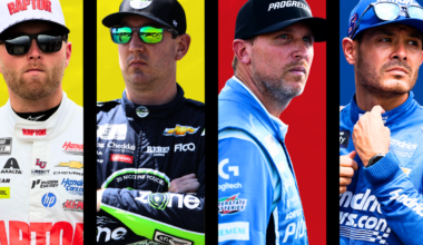 A composite image of NASCAR stars William Byron, Kyle Busch, Denny Hamlin and Kyle Larson