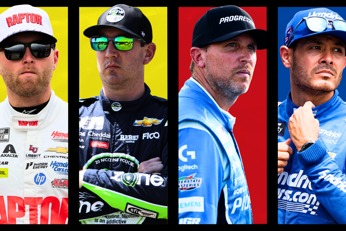 A composite image of NASCAR stars William Byron, Kyle Busch, Denny Hamlin and Kyle Larson