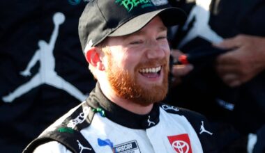An image of NASCAR driver Tyler Reddick celebrating a race win