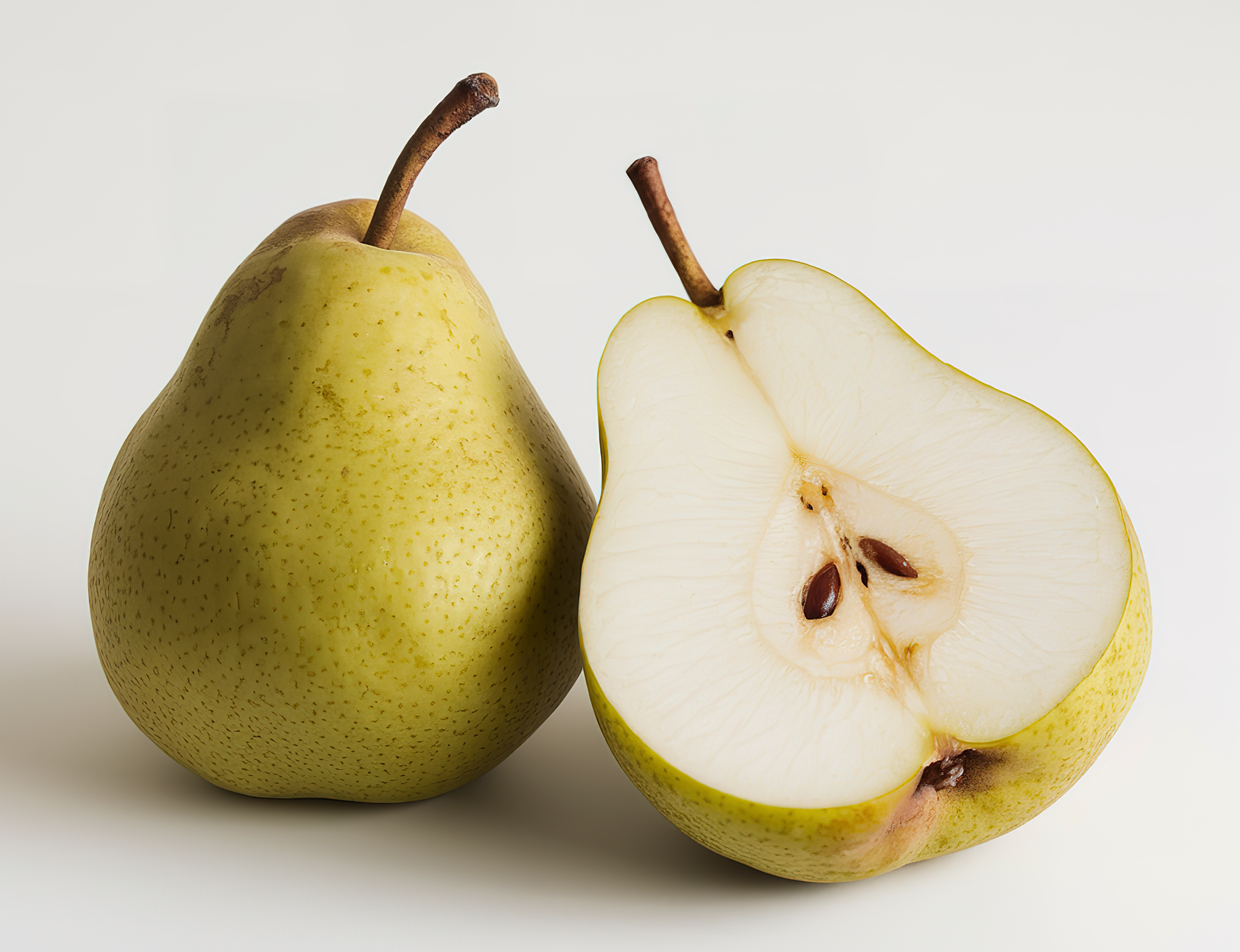 A whole greenish pear next to a sliced half