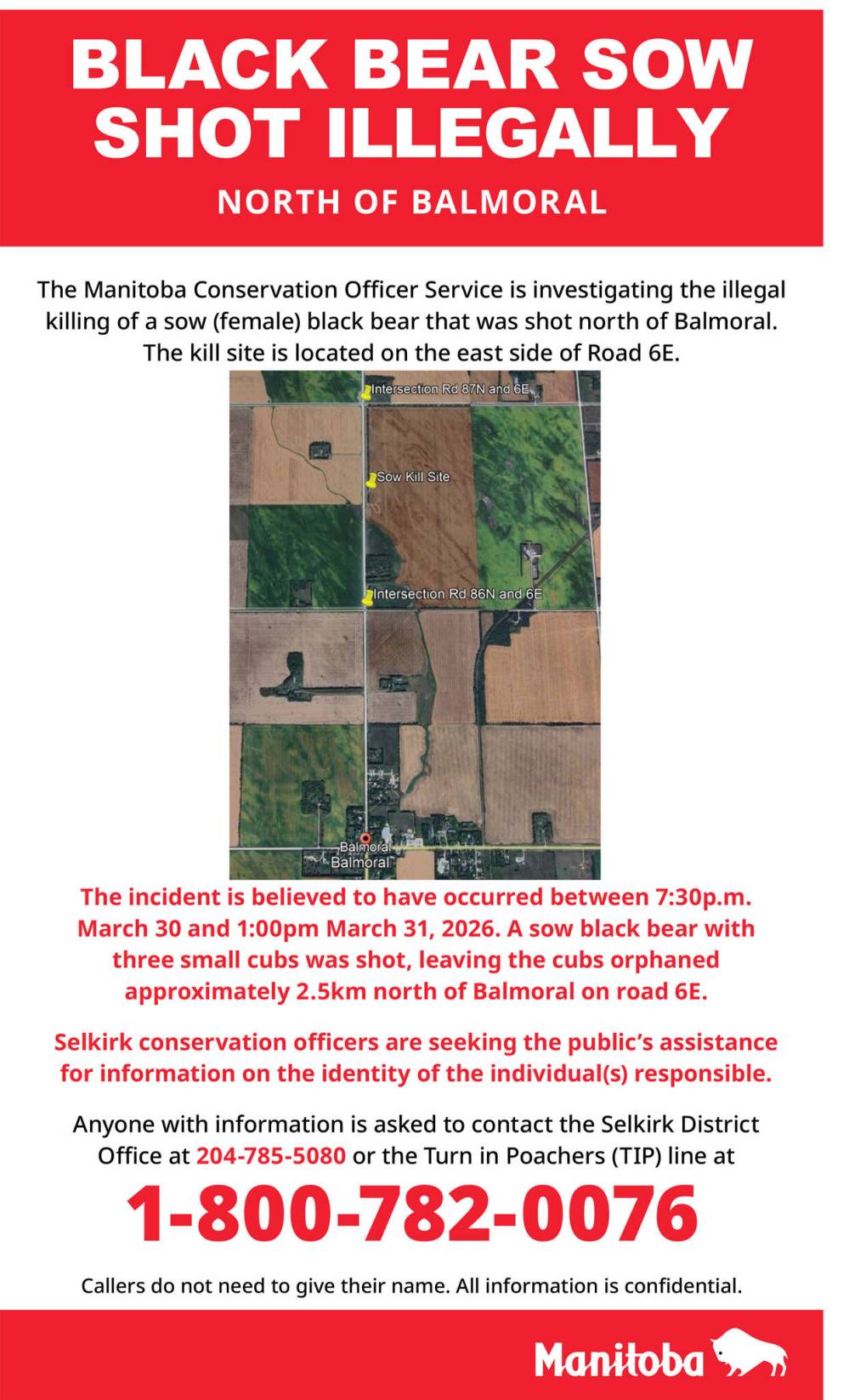 SUPPLIED
Manitoba Conservation released a poster asking anyone with information about the shooting to call Selkirk conservation officers.