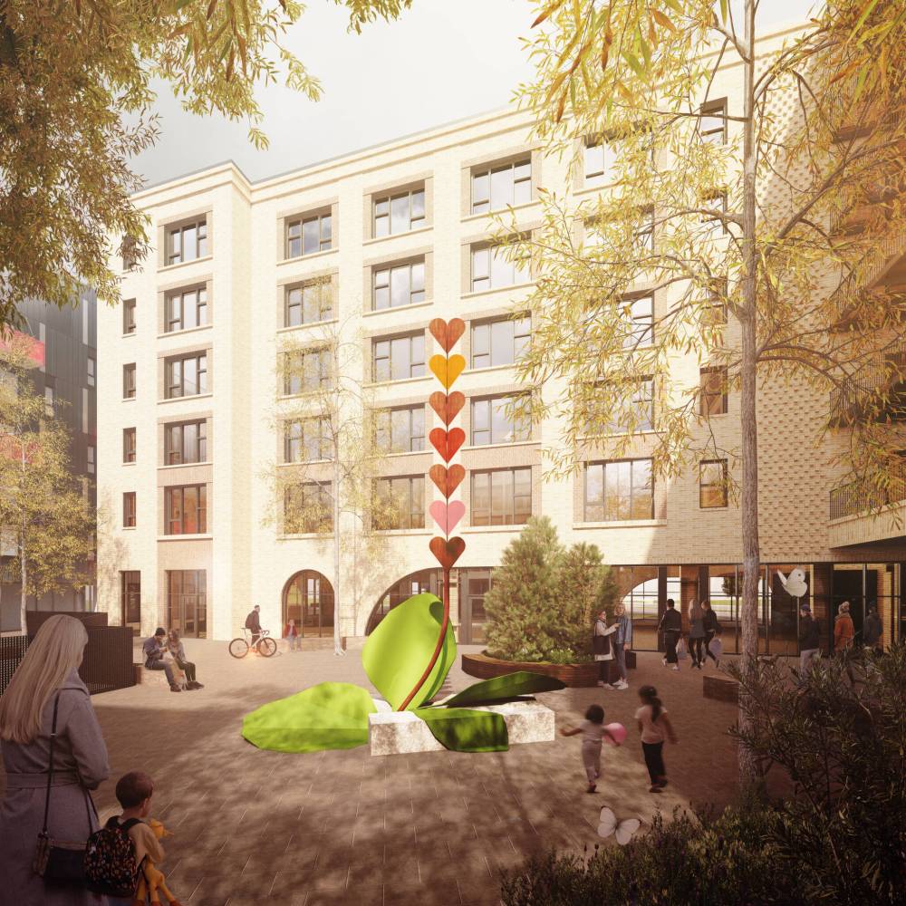 SUPPLIED ILLUSTRATION
A rendering of the artwork common leaf, a pair of sculptures to be located in a residential
courtyard of Railside at The Forks.