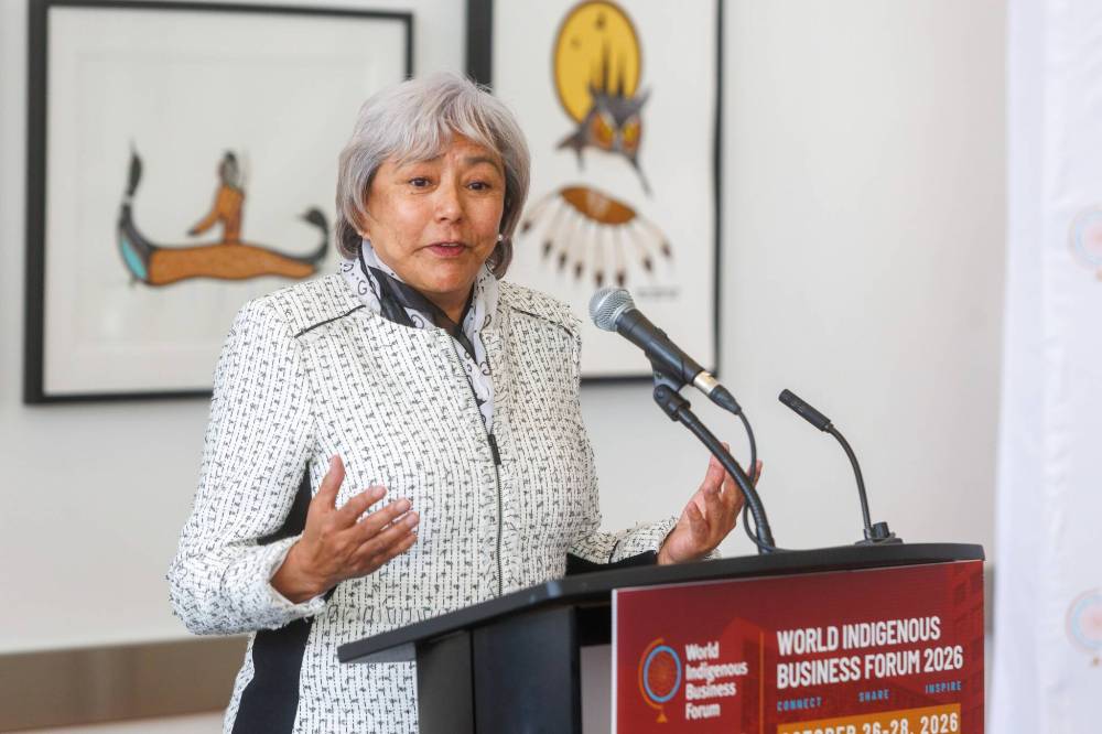 MIKE DEAL / FREE PRESS
Rosa Walker, president and CEO of Indigenous Leadership Development Institute, Inc., speaks during an announcement at the RBC Convention Centre on Thursday.
