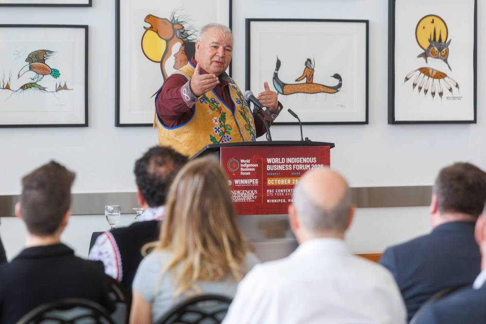 MIKE DEAL / FREE PRESS
David Chartrand, president of the Manitoba Métis Federation, speaks during Thursday’s announcement at the RBC Convention Centre that the upcoming World Indigenous Business Forum will be held in Winnipeg this October.