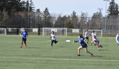 Semiahmoo Secondary students (in blue) play Kwantlen Park Secondary at a previous Myles Winch Ultimate Frisbee Tournament in South Surrey, held in honour of longtime teacher and coach Myles Winch, who died in 2016. The event is set for Wednesday, April 8 this year in South Surrey. (Tricia Leslie photo)