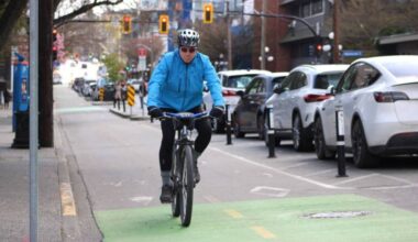 A cyclist rides down protected bike lanes in Victoria. (Black Press Media file photo)