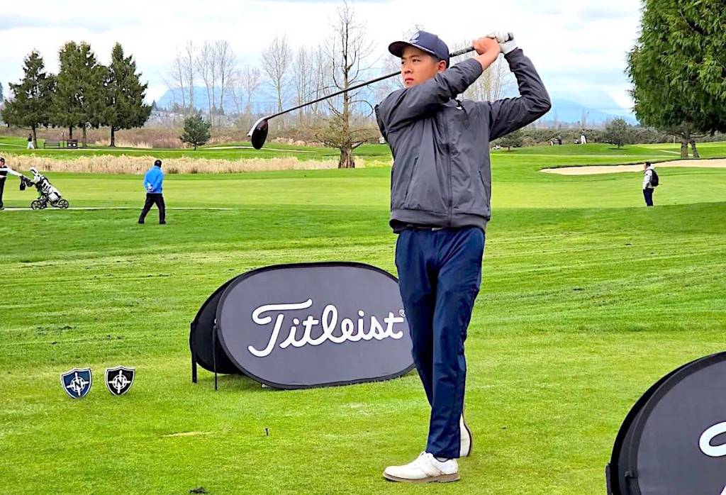 Anton Yizhang Li of Surrey tees off during the MJT FCG World Golf Championship Qualifier tournament, held March 27–28 on the Canal Course at Northview Golf and Country Club in Surrey. (Contributed to Surrey Now-Leader)