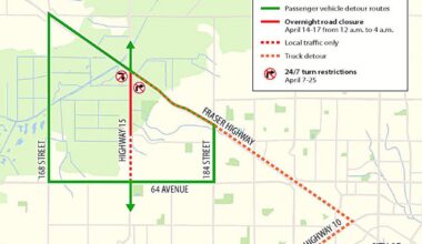 This map shows the planned overnight road closure for Highway 15&mdash;between Fraser Highway and 64th Avenue&mdash;and the detour routes for April 14-17. (Image submitted to Cloverdale Reporter/Transportation Investment Corporation)