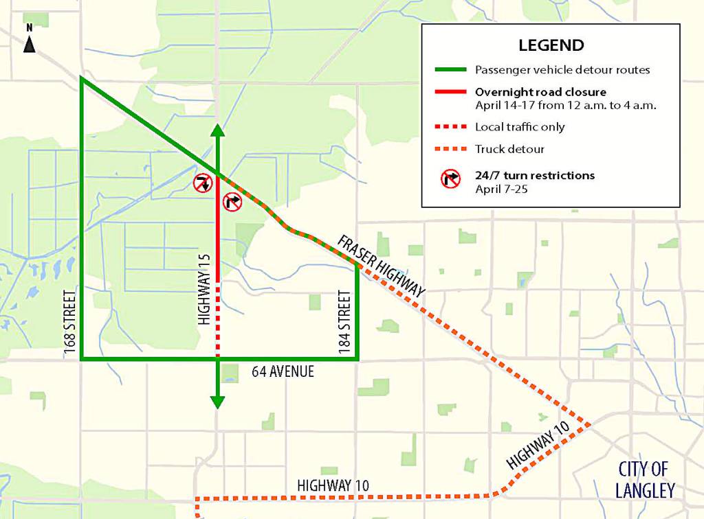 This map shows the planned overnight road closure for Highway 15&mdash;between Fraser Highway and 64th Avenue&mdash;and the detour routes for April 14-17. (Image submitted to Cloverdale Reporter/Transportation Investment Corporation)