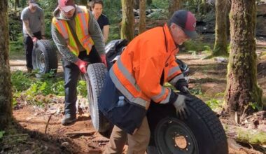 Eighteen dedicated volunteers gathered to remove more than 82,000 pounds of illegally dumped garbage from forested crown lands next to the Campbell River Motocross Track during the last weekend of March. The location is more or less across the highway from the previous cleanup at the John Hart Dam on Radar Hill. (Photo courtesy of Matthew Fox)