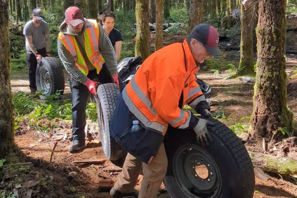 Eighteen dedicated volunteers gathered to remove more than 82,000 pounds of illegally dumped garbage from forested crown lands next to the Campbell River Motocross Track during the last weekend of March. The location is more or less across the highway from the previous cleanup at the John Hart Dam on Radar Hill. (Photo courtesy of Matthew Fox)