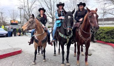 Horse riders Kristyn Ward, left, Heather Kennedy, middle, and Simone Stich outside The Barn country bar in Surrey on Thursday, April 2, 2026. (Tom Zillich/Surrey Now-Leader)