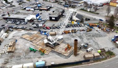 Work is progressing at a site on Production Way and Fraser Highway as part of the Surrey Langley SkyTrain extension. (Surrey Langley SkyTrain)