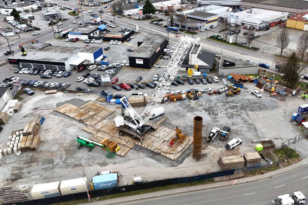 Work is progressing at a site on Production Way and Fraser Highway as part of the Surrey Langley SkyTrain extension. (Surrey Langley SkyTrain)