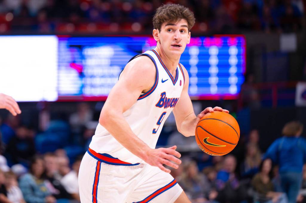 Coming off an impressive run at Boise State, 6-foot-9 Dominic Parolin – who hails from Coquitlam – is back at home now. He&rsquo;ll be playing with the Vancouver Bandits. This was taken during a Boise State men&rsquo;s basketball game against the Utah Valley Wolverines. (Matt Cerio/Special to the Advance Times)
