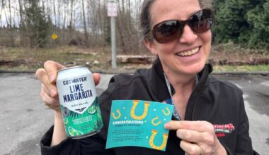 Horse rider Heather Kennedy with a &ldquo;finders keepers&rdquo; treasure and note left by Wild Trail Cowgirls on their ride route in Guildford on Thursday, April 2, 2026. (Tom Zillich/Surrey Now-Leader)