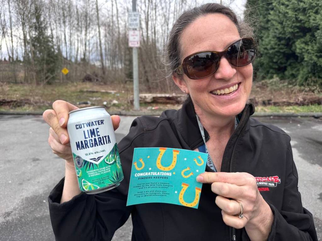 Horse rider Heather Kennedy with a &ldquo;finders keepers&rdquo; treasure and note left by Wild Trail Cowgirls on their ride route in Guildford on Thursday, April 2, 2026. (Tom Zillich/Surrey Now-Leader)