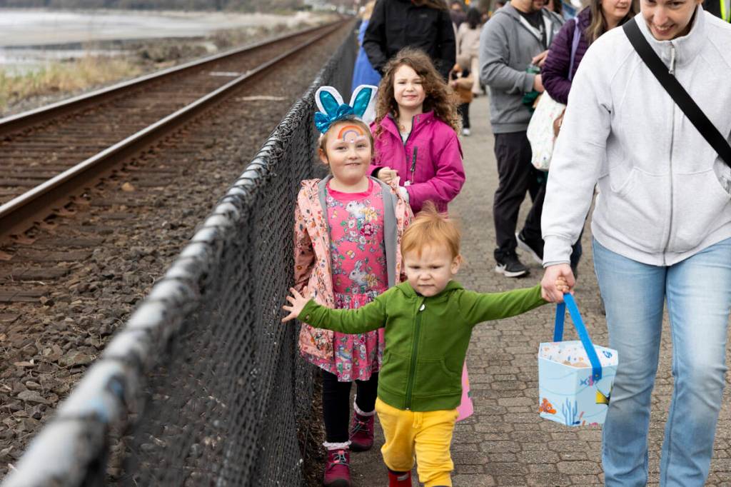 Kids taking part in the Easter Egg hunt at the Peace Arch Hospital Auxiliary Bunny Hop on Friday, April 3, 2026, in White Rock. (Anna Burns/ Surrey Now-Leader)