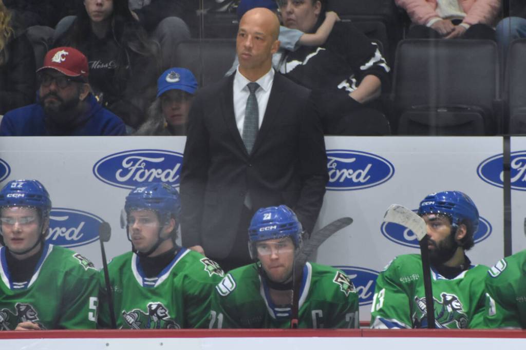 Manny Malhotra looks on during Saturday&rsquo;s game. (Ben Lypka/Abbotsford News)