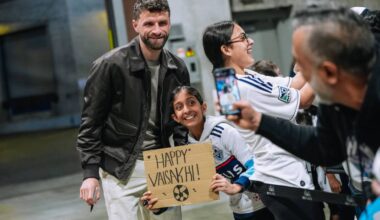 Star player Thomas Müller with a young fan at Vancouver Whitecaps FC&rsquo;s annual Vaisakhi Match at BC Place Stadium on Saturday, April 4, 2026. (Bob Frid/Contributed to Surrey Now-Leader)