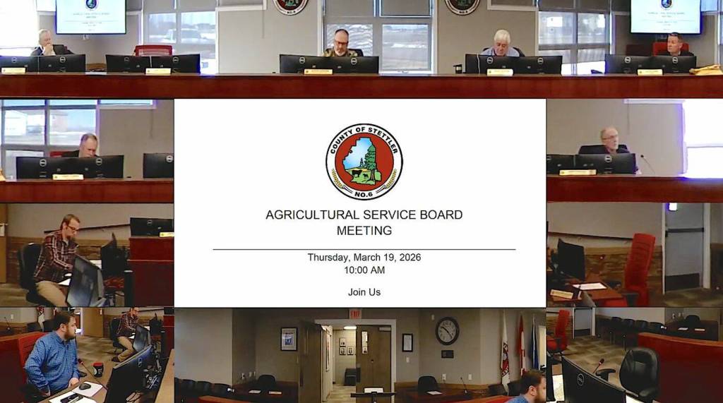 The County of Stettler Ag Service Board (ASB) board meeting on March 19 via YouTube. The speaker, board member Lance Nielsen, is in the top row, second from left. Screenshot. (Stu Salkeld, Local Journalism Initiative Reporter)