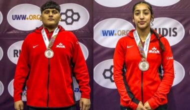 Surrey wrestlers Uday Billen, left, and Gurleen Dhillon with silver medals in Panama City during the 2026 U17 Pan-Am Championships. (Walter Howor/Contributed to Surrey Now-Leader)