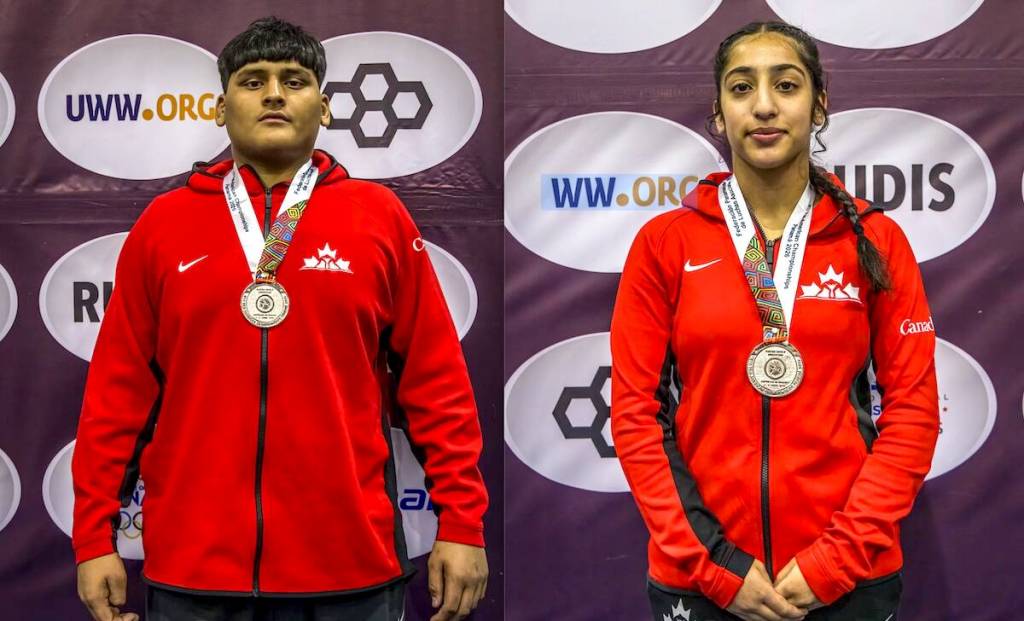 Surrey wrestlers Uday Billen, left, and Gurleen Dhillon with silver medals in Panama City during the 2026 U17 Pan-Am Championships. (Walter Howor/Contributed to Surrey Now-Leader)