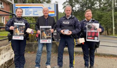 From left, Cpl. Megan Kowalewich, Brian Cornborough, R/Cst Gary O&rsquo;Brien and Cst Kraig Doskotch meet at Shawnigan Lake RCMP detachment to discuss the ongoing campaign. (Submitted photo)
