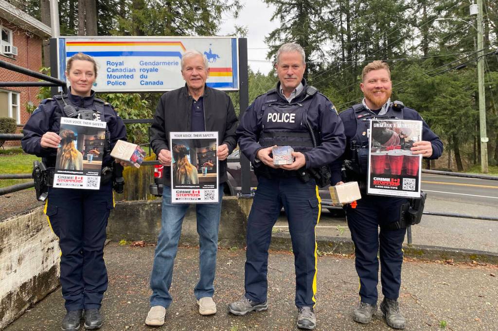 From left, Cpl. Megan Kowalewich, Brian Cornborough, R/Cst Gary O&rsquo;Brien and Cst Kraig Doskotch meet at Shawnigan Lake RCMP detachment to discuss the ongoing campaign. (Submitted photo)
