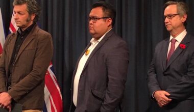 Former Kootenay Boundary Regional District chair Roly Russell, former Tsartlip Chief Don Tom and George Abbott, who was appointed the next chief commissioner of the B.C. Treaty Commission on April 7, 2026, pictured on Oct. 28, 2019. (Tom Fletcher/Black Press)