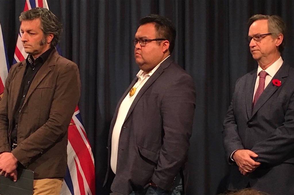 Former Kootenay Boundary Regional District chair Roly Russell, former Tsartlip Chief Don Tom and George Abbott, who was appointed the next chief commissioner of the B.C. Treaty Commission on April 7, 2026, pictured on Oct. 28, 2019. (Tom Fletcher/Black Press)