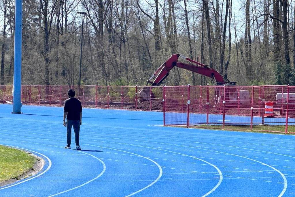 Excavation work west of Bear Creek Park Stadium track on Tuesday, April 7, 2026. (Tom Zillich/Surrey Now-Leader)