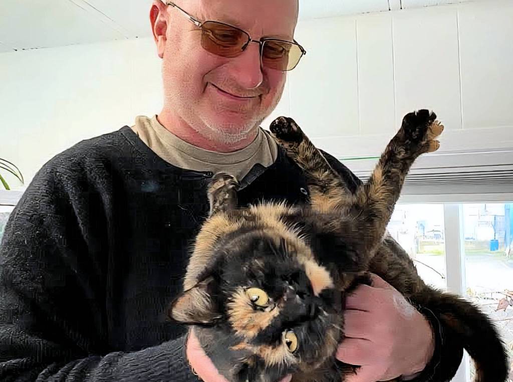 Georgie the cat was reunited with her human Rob Tuttle after being found 30 km from her Campbell River home two months after her disappearance. (Pauline Woods/Contributor)