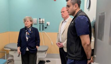 B.C. Health Minister Josie Osborne tours the new South Surrey Urgent and Primary Care Centre on Friday, April 10, with Fraser Health president and CEO Dermot Kelly (centre) and facility medical director Dr. Omar Shafi. (Alex Browne/Peace Arch News)