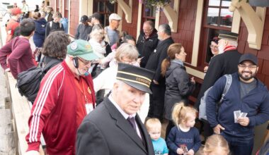 Rail-goers mingle at Cloverdale Station in this undated image. The Fraser Valley Heritage Railway Society will open for its 2026 summer season the weekend of May 2-3. (Photo: Jason Sveinson)