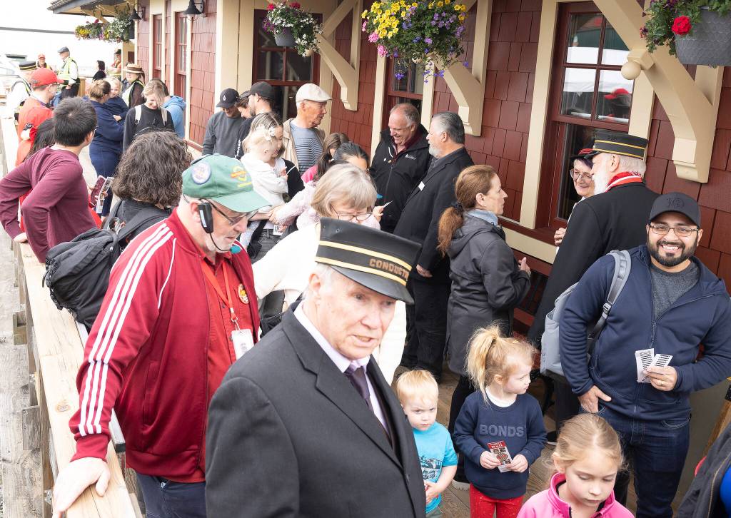 Rail-goers mingle at Cloverdale Station in this undated image. The Fraser Valley Heritage Railway Society will open for its 2026 summer season the weekend of May 2-3. (Photo: Jason Sveinson)