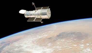 The Hubble Space Telescope drifts over Earth after its release in 2009 by the crew of the Space Shuttle Atlantis. The crew had performed all planned tasks during the fifth astronaut visit to the telescope. (NASA)