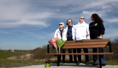 Aron&rsquo;s mum, left, his sister Shelley Dunn, Aron and his niece Brandi Basra pose for a photo in front of Tori&rsquo;s bench at Mud Bay Park on Friday, April 10, 2026, in Surrey for the installation of her memorial bench. (Anna Burns/ Surrey Now-Leader)