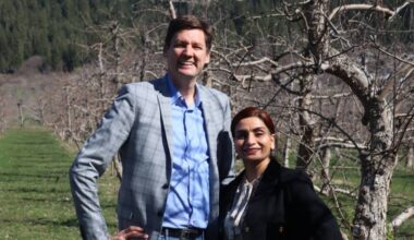 B.C. Premier David Eby stands next to Vernon-Lumby MLA Harwinder Sandhu in this photo at Cambium Cider Co. in Vernon Thursday, April 9, 2026. (Brendan Shykora/Morning Star)