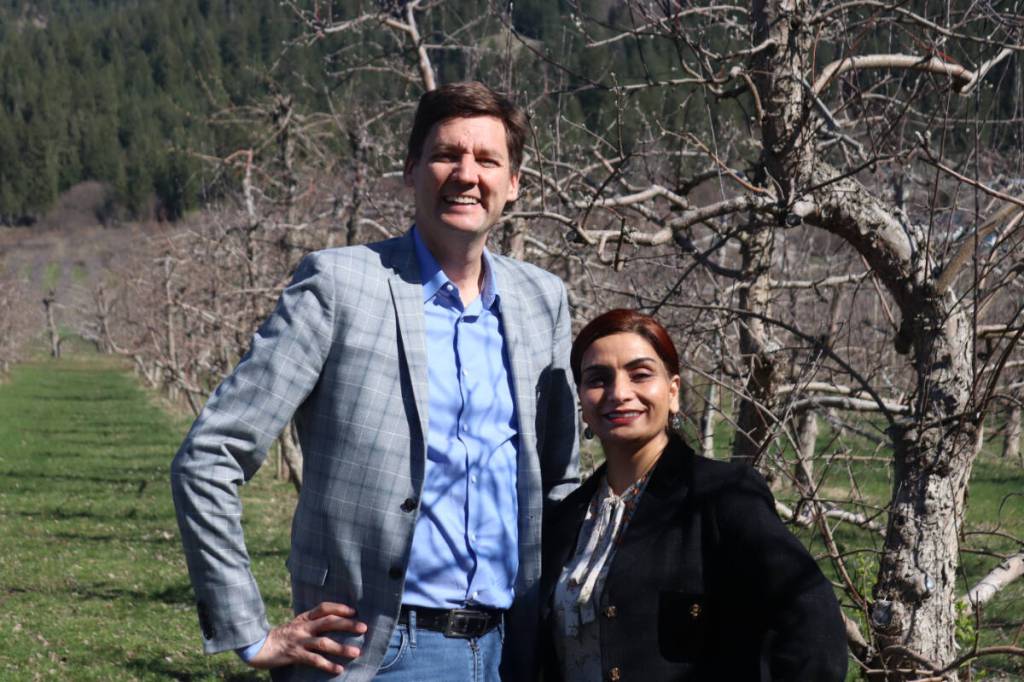 B.C. Premier David Eby stands next to Vernon-Lumby MLA Harwinder Sandhu in this photo at Cambium Cider Co. in Vernon Thursday, April 9, 2026. (Brendan Shykora/Morning Star)
