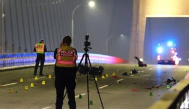A 31-year-old-man is dead after a motorcycle struck a semi-truck while crossing the Alex Fraser Bridge on Saturday, April 11, 2026. (1st Due Media/contributed photo)